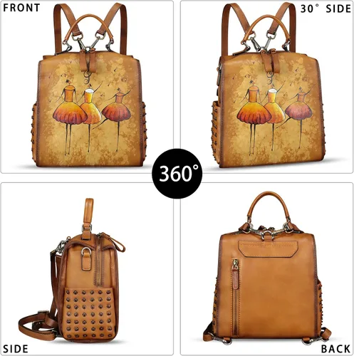 Vista 3 de Bolso cruzado de cuero genuino para mujer, bolso cruzado pintado a mano, bolso cruzado con asa superior, mochila convertible hecha a mano