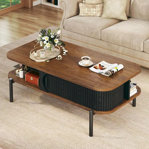 Vista 8 de Mesa de café, mesas de café modernas de mediados de siglo de 39.4" para la sala de estar, mesa de café con almacenamiento, estante abierto, mesa