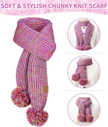 Vista 6 de Remifa Conjunto de bufanda y gorro de invierno para niños y niñas, con forro polar con pompón, bufanda larga, guantes cálidos