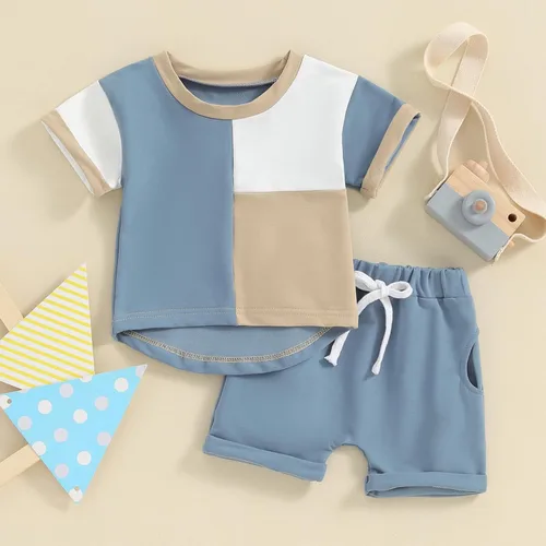 Vista 2 de Xdftwdmgqe Toddler Boy Girl Clothes Color Block Short Sleeve T-Shirt Top Joggers Casual Solid Color Shorts Summer 2Pcs Outfit