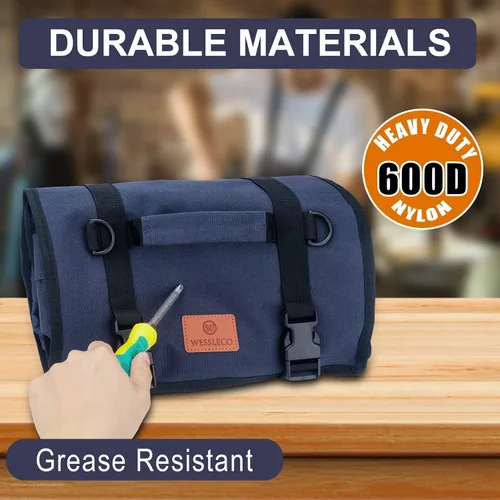 Vista 7 de Organizador de rollo de herramientas Wessleco, bolsa de herramientas con bolsillo para llaves, rollo de llaves para electricistas, bolsa