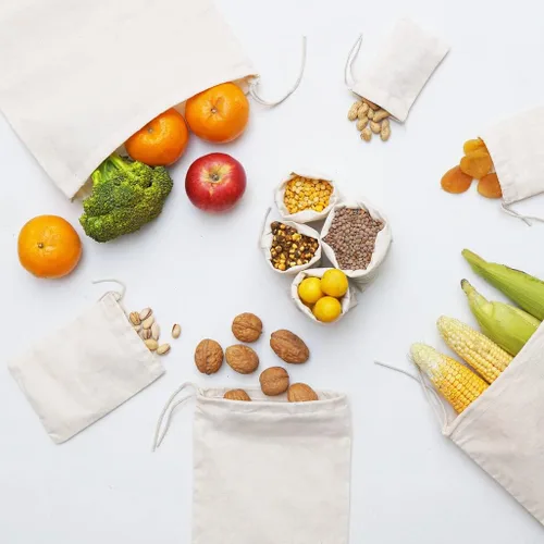 Vista 3 de Bolsas de muselina de algodón de alta calidad, 100% algodón orgánico con un solo cordón. Bolsas de muselina natural reutilizables y ecológicas