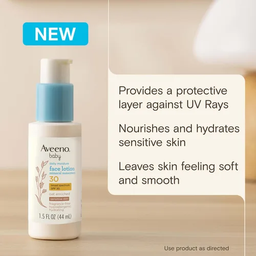 Vista 3 de Aveeno Baby Loción facial hidratante diaria y protector solar mineral con SPF 30, hidratante facial enriquecido con avena para bebés y protección