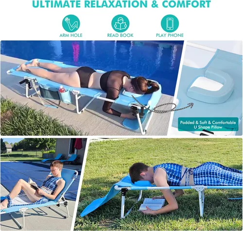 Vista 9 de Silla de bronceado con paraguas UPF 50+ ajustable, tumbona plegable resistente para exteriores, reclinable, 5 posiciones, para tomar el sol, tomar