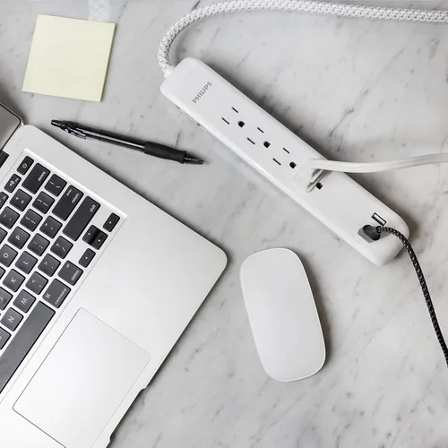Vista 6 de Philips Regleta protectora de sobretensiones de 4 salidas con 2 puertos USB, cable de alimentación de 4 pies, cable de extensión trenzado de diseño