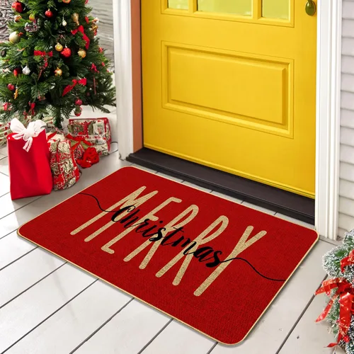 Vista 5 de Alfombra Decorativa de Puerta de Bienvenida Roja Feliz Navidad, Alfombra de Puerta de Invierno de Temporada, Alfombra de Piso de Perfil Bajo