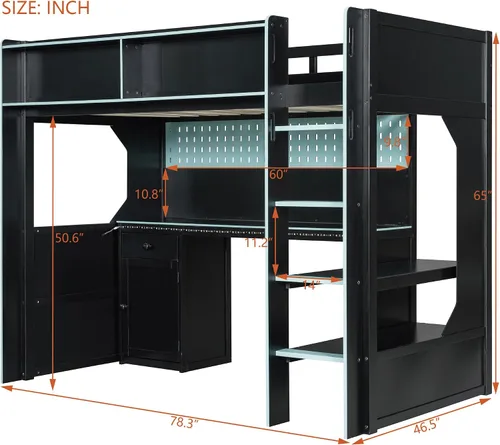 Vista 8 de Harper & Bright Designs Cama loft para juegos con escritorio integrado y luces LED, marco de cama de madera tamaño individual con cajón