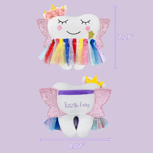 Vista 3 de free-space Almohada de hadas de dientes con bolsillo para niñas, alas brillantes, bolsa de hadas, regalo de recuerdo para niña (colorido)