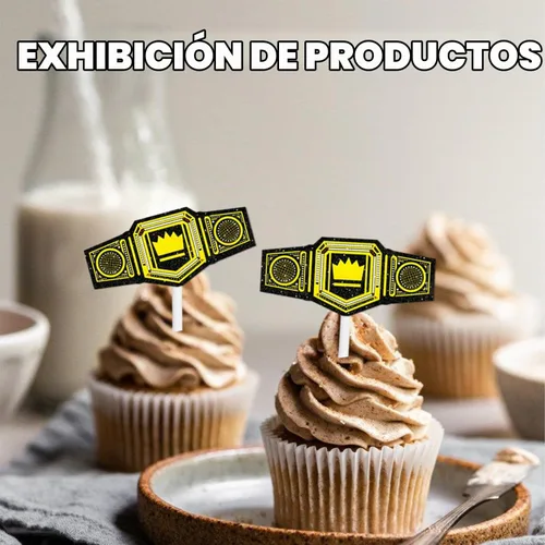 Vista 5 de 18 piezas de cinturón pesado con purpurina dorada para postre para cupcakes, decoración temática de campeón de lucha libre, suministros