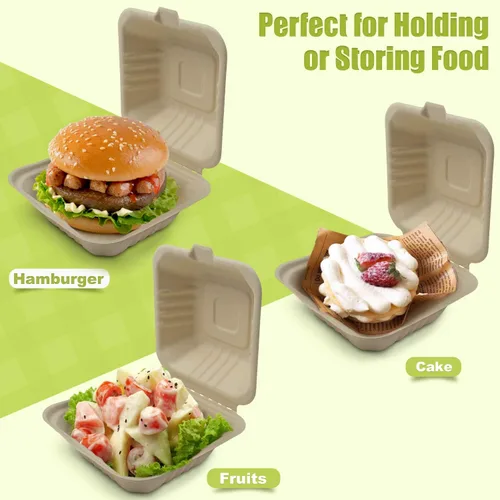 Vista 4 de Green Earth, 6 pulgadas, 125 unidades, almeja compostable de hamburguesa acanalada, BAM ware (fibra de bambú), cajas de comida para llevar