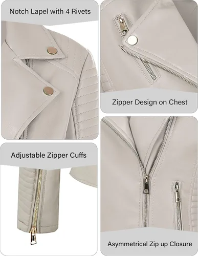 Vista 3 de Bellivera Chaqueta informal de piel sintética, abrigo de motocicleta de moda para otoño y primavera, para mujer