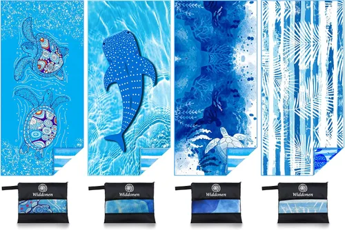 Vista 18 de Widdonen Toalla de playa de microfibra, compacta, paquete de 2 unidades, 71 x 32 pulgadas con bolsa de viaje Paquete de 2 Blue Peank Dream World