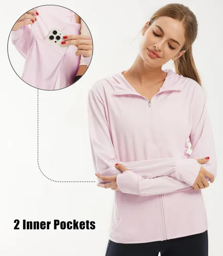 Vista 3 de Libin sudadera con capucha para mujer, con cremallera completa, UPF 50+, capucha con protección solar, de manga larga, para senderismo