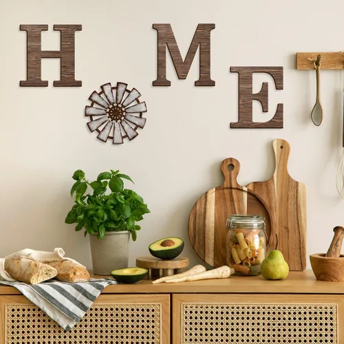 Vista 3 de VGICH Decoración de pared para el hogar, letreros rústicos con molino de viento de madera para sala de estar, juego de 4 letras decorativas