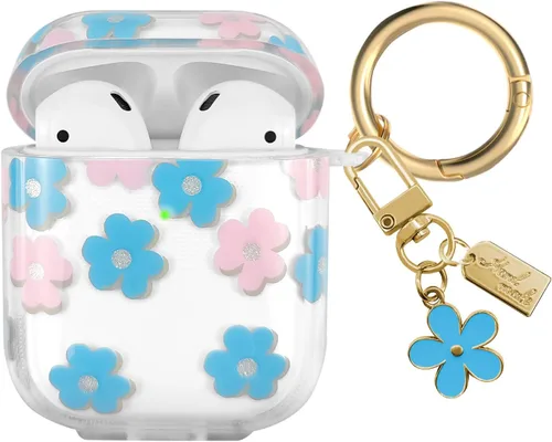 Vista 17 de Funda compatible con AirPods, funda de TPU suave con bonito patrón de flores para AirPods de 2 y 1 generación con llavero colgante y mosquetón