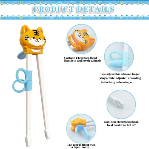 Vista 3 de Quimoy 2 pares de palillos para niños, palillos de rebote automático para niños, palillos con diseño de dibujos animados de animales lindos