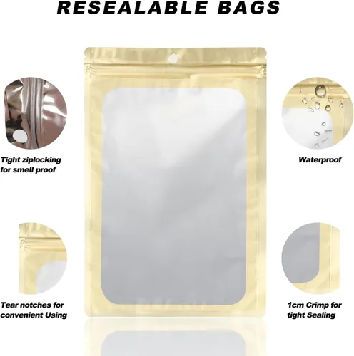Vista 3 de Paquete de 100 bolsas de Mylar con ventana transparente, bolsas de almacenamiento de alimentos, a prueba de olores, embalaje de mano resistente a