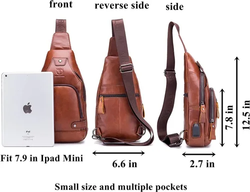 Vista 4 de BULLCAPTAIN Bolso bandolera para hombre con puerto de carga USB, de piel auténtica, para el pecho, mochila de viaje y senderismo