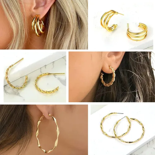 Vista 4 de Juego de 36 pares de aretes de aro dorados para mujeres y niñas, paquete múltiple de aretes de aro trenzados, hipoalergénicos, de cadena gruesa