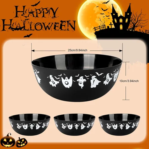 Vista 2 de 3 cuencos de plástico de Halloween para dulces, cuencos reutilizables para Halloween, suministros para fiestas de Halloween (fantasma negro)