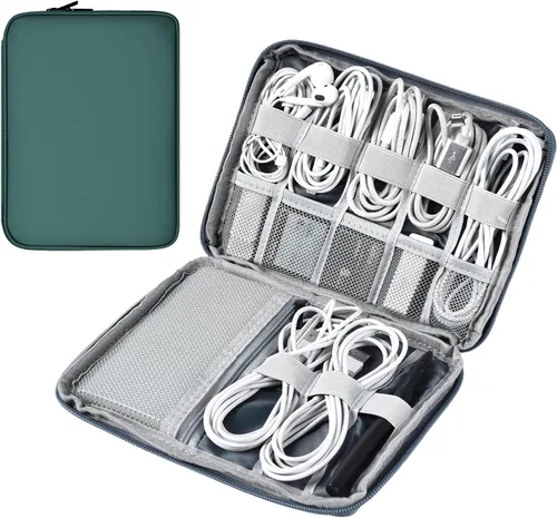 Vista 18 de Organizador de cables de cuero para viaje, impermeable, organizador de cables de viaje, portátil, organizador técnico, estuche de viaje para Verde