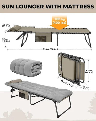 Vista 2 de KingCamp Tumbona con colchón de 2.0 in, hasta 396.8 lbs, silla de jardín reclinable resistente con respaldo ajustable de 5 posiciones, tumbonas