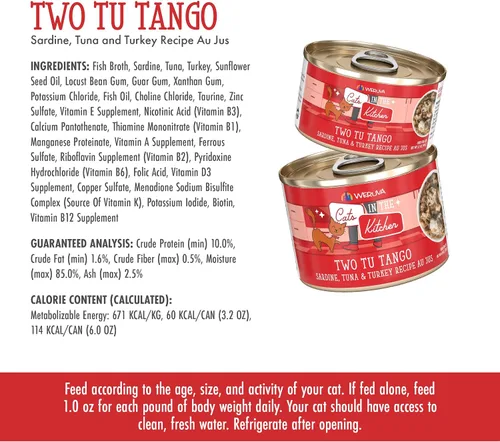 Vista 4 de Weruva Cats in The Kitchen, Two Tu Tango con sardina, atún y pavo Au Jus, lata de 3.2 onzas (paquete de 24)