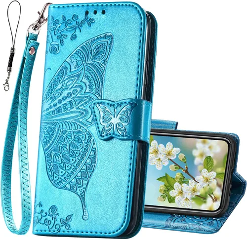 Vista 12 de Funda tipo cartera para iPhone 12 Pro/iPhone 12 para mujer, color Butterfly Emboss Flip Folio Cuero PU, soporte, ranuras para tarjetero, correa