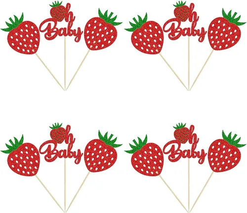 Vista 7 de 24 piezas de decoración de cupcakes con purpurina de fresa Oh Baby con temática de frutas, baby shower, para revelación de género, baby shower