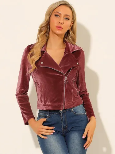 Vista 2 de Allegra K Chaqueta corta de terciopelo con cuello de solapa y cremallera para mujer Coffee
