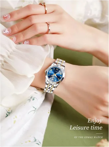 Vista 2 de OLEVS Reloj de pulsera de acero inoxidable con diamantes dorados y elegantes