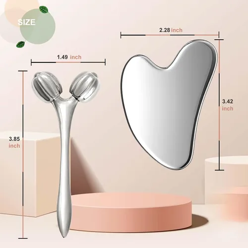 Vista 6 de Herramientas faciales Gua Sha de acero inoxidable, rodillo facial y juego de Gua Sha para masaje facial, cuello, ojos, cuerpo, elevación de barbilla