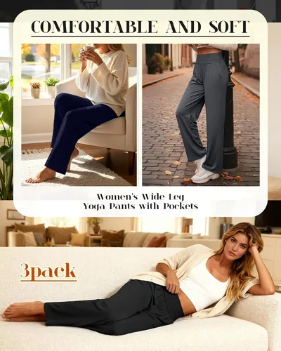 Vista 185 de Neer - Conjunto de 3 pantalones de yoga de pierna ancha para mujer - Pantalones deportivos cómodos, holgados, de cintura alta y casuales