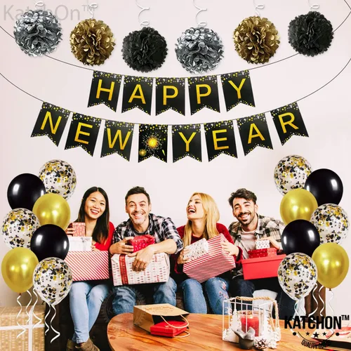 Vista 9 de KatchOn, Suministros para fiestas de Año Nuevo 2026 – Paquete de 34 Cartel de feliz año nuevo de 10 pies con pompones Fondo negro y dorado