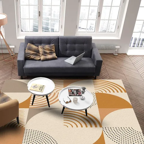 Vista 4 de Alfombra de área elipse de línea abstracta naranja, alfombra grande minimalista de puntos negros, alfombra antideslizante para interiores, lavable a