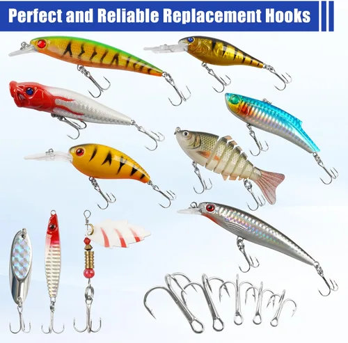 Vista 5 de Fishing Treble Hooks Assortment, Sharp Brabed Triple Fishing Hooks Set High Carbon Steel Round Bend for Trout Catfish Lures Freshwater Saltwater