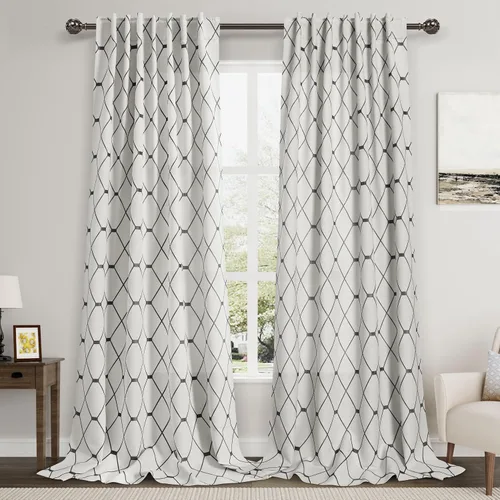 Vista 7 de Cortinas oscurecedoras de habitación con patrón geométrico negro de 80 pulgadas de largo para sala de estar, juego de 2 paneles, decoración clásica