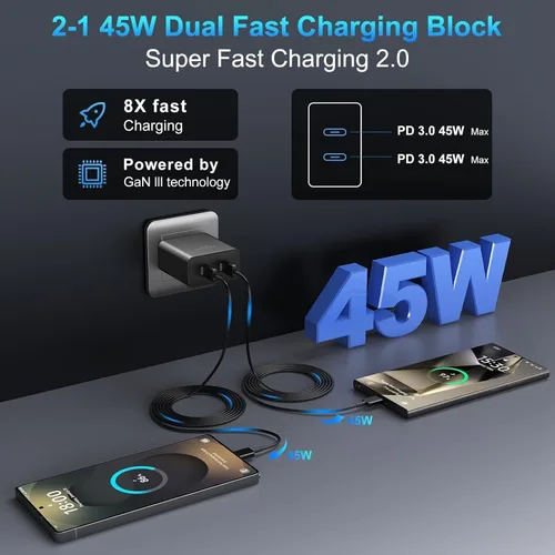 Vista 2 de Cargador súper rápido de 45 W de doble puerto y cable tipo C de 10 pies y 6 pies, bloque de carga de pared USB C, cable de carga de teléfono Android