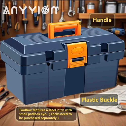 Vista 2 de Anyyion Caja de herramientas pequeña de 13 pulgadas, caja de herramientas con cerradura para el hogar, verdaderamente resistente, sin bandeja