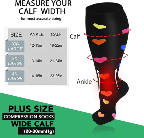 Vista 2 de 3 pares de calcetines de compresión de talla grande para mujeres y hombres, pantorrilla ancha de 20-33 mmhg, soporte extra grande hasta la rodilla