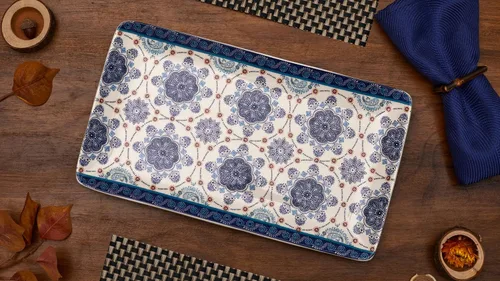 Vista 4 de Bico Blue Talavera - Juego de 2 platos rectangulares de cerámica de 14 pulgadas, para servir ensalada, pasta, queso, jamón, aperitivo, microondas