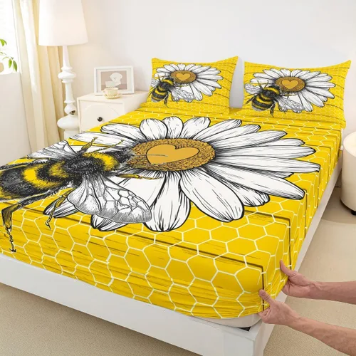 Vista 11 de Erosebridal Honey Bee - Juego de sábanas bajeras negras y doradas, tamaño individual, diseño geométrico de panal de abeja para niños y niñas, funda