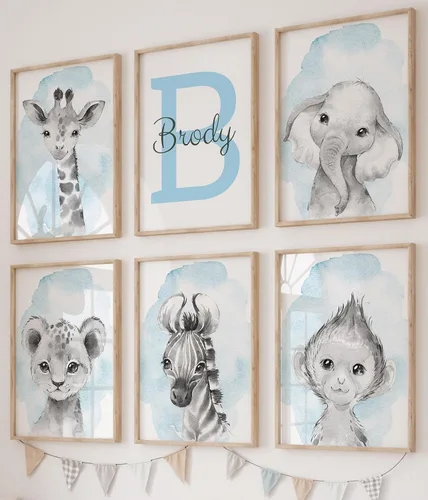 Vista 10 de Juego de 3 carteles personalizados de animales de safari para habitación de niños y niñas, sin marco, nombre personalizado, azul, verde, amarillo