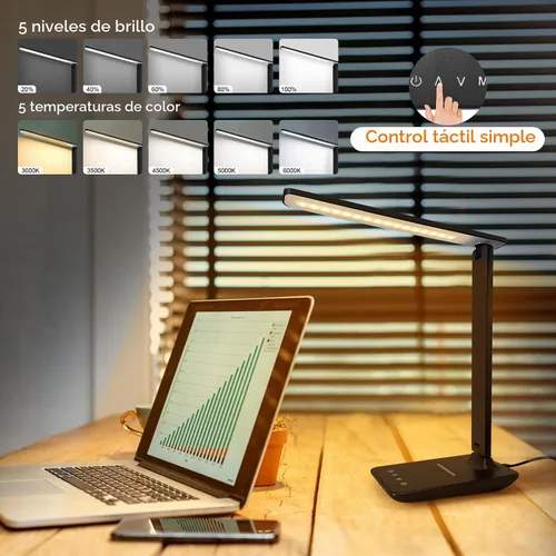 Vista 4 de Lámpara de escritorio LED White Crown con cargador inalámbrico de 15W y puerto USB, lámpara de mesa regulable con 5 modos de iluminación, control