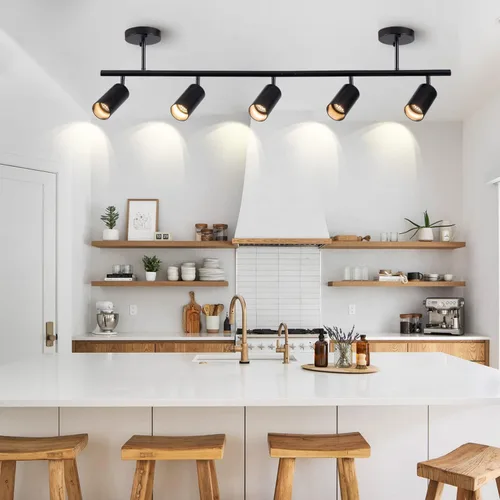 Vista 4 de Kit de iluminación LED de 5 luces, luz de pista negra, cabezal de luz flexible giratorio, iluminación moderna para cocina, sala de estar, comedor