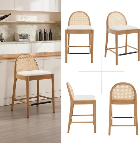 Vista 7 de HEAH-YO Taburetes de bar de ratán, juego de 2, taburetes de barra de 26 pulgadas de altura de mostrador con respaldos de ratán y patas de madera
