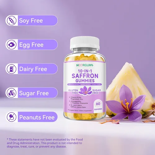 Vista 8 de Gomitas de Azafrán para Adultos y Niños, Suplemento Regulador de Cortisol 10-EN-1 con Azafrán 88.5mg, Vitamina D3, B6, Magnesio, Zinc, Ashwagandha