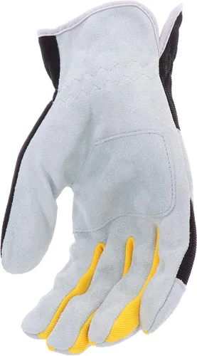 Vista 5 de John Deere Split Cowhide Palm Gloves – Yellow/Grey/Black, Large Spandex Back Gloves with Shirred Elastic Wrists