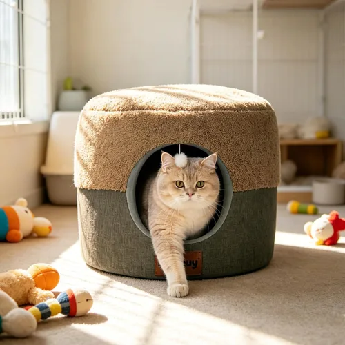 Vista 11 de Cueva de cama para gatos de interior, 2 en 1 plegable para gatos y cama lounge con cojín reversible, casa cerrada calmante y antiansiedad