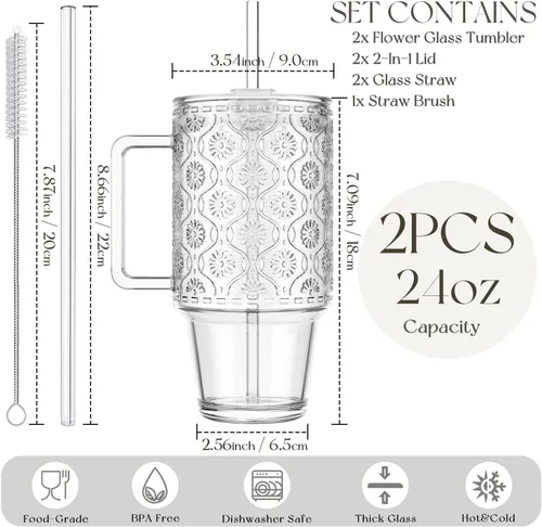 Vista 3 de KEMORELA Vaso de vidrio acanalado de 24 onzas con asa y tapa, tazas de café 24oz-Begonia